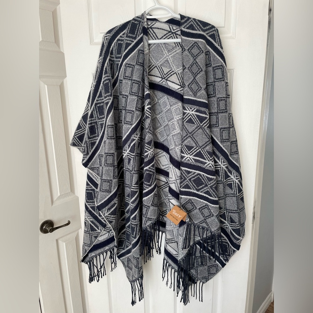 Just Cozy - Gray and Blue Poncho